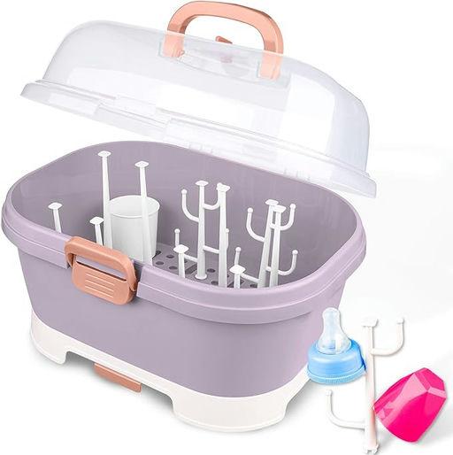 Portable Baby Bottle Drying Rack Storage Box Organizer with Anti-Dust Cover - Purple