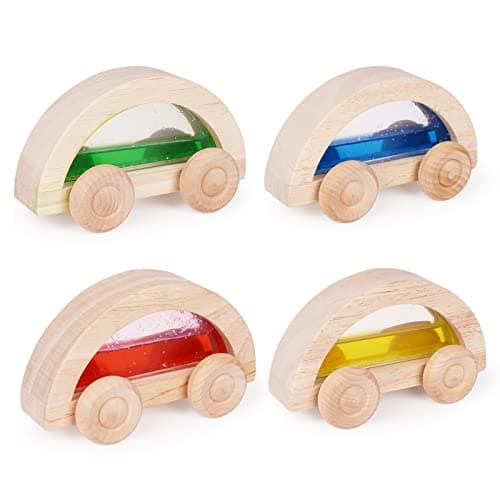 Wooden car Toys 4pc Colorful Wooden Vehicle Set Toy and Pretend Play Toys Fine Movement Development Educational Toys Wooden Push Cars and Infant Grasping Montessori Toys