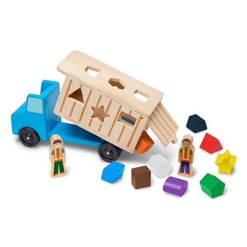Melissa & Doug Shape-Sorting Wooden Dump Truck Toy With 9 Colorful Shapes and 2 Play Figures - Vehicle /Shape Sorter Toys For Toddlers