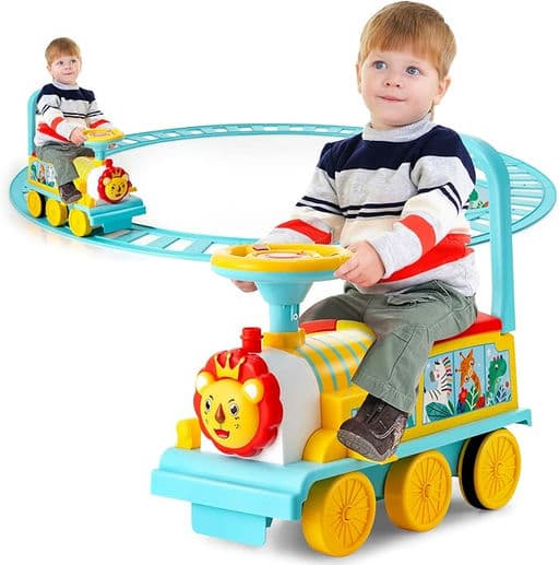 Costzon Ride on Toys, 6V Electric Ride on Train with Tracks, Storage Seat, Flashing Lights & Music
