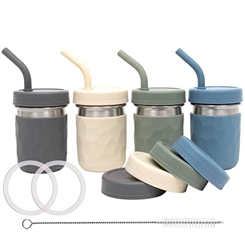 WeeSprout 2-in-1 Drinking Cups for Kids, Durable Stainless Steel Tumbler for Smoothies, Silicone Straws with Stoppers, Premium Plastic Twist Lids, Easy-Grip Sleeves, Set of 4 Dishwasher Safe Kid Cups