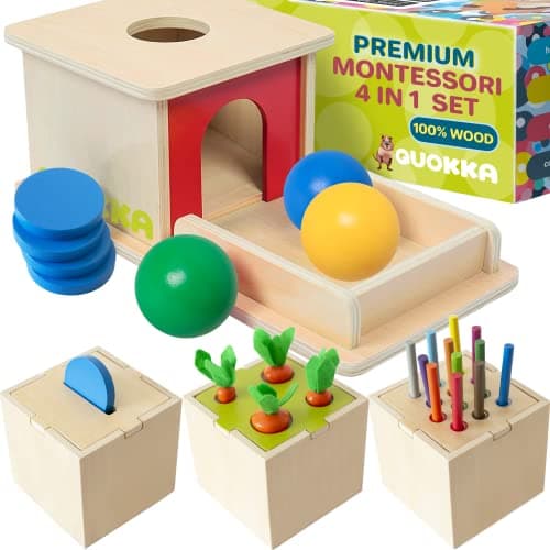 QUOKKA Montessori Toys, Wooden Toys Object Permanence | Coin Box | Carrot Harvest | Color Matching Sticks | Shape Sorter | - Ball Drop Learning