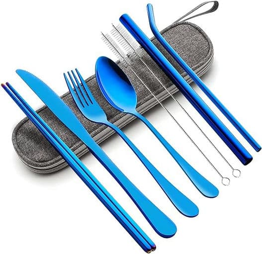 Travel Utensils with Case, Portable Travel Utensils Cutlery Set Stainless Steel Flatware Set for Camping 8pcs Including Dinner Knife Fork Spoon Chopsticks Boba Straw