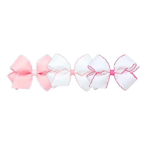 Wee Ones Girls' Medium Moonstitch Grosgrain Bow 3 pc. Variety Pack Set on WeeStay No-Slip Hair Clip