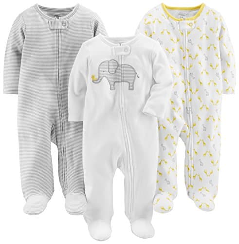Simple Joys by Carter's Baby 3-Pack Neutral Sleep and Play, Light Grey Mini Stripe/White Elephant/Giraffe, Newborn