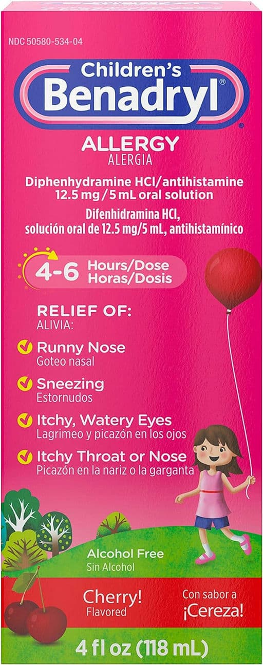 Benadryl Children's Allergy Relief Liquid Medicine with Diphenhydramine HCl, Kids' Allergy Syrup for Allergy Symptoms Like Runny Nose, Itchy Eyes & More, Cherry Flavor, 4 fl. oz