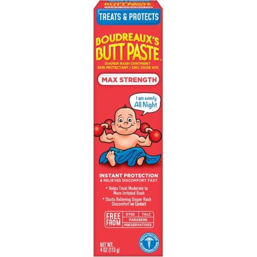 Boudreaux’s Butt Paste Max Strength Diaper Rash Cream for Baby, Ointment With Zinc Oxide, 4 oz Tube
